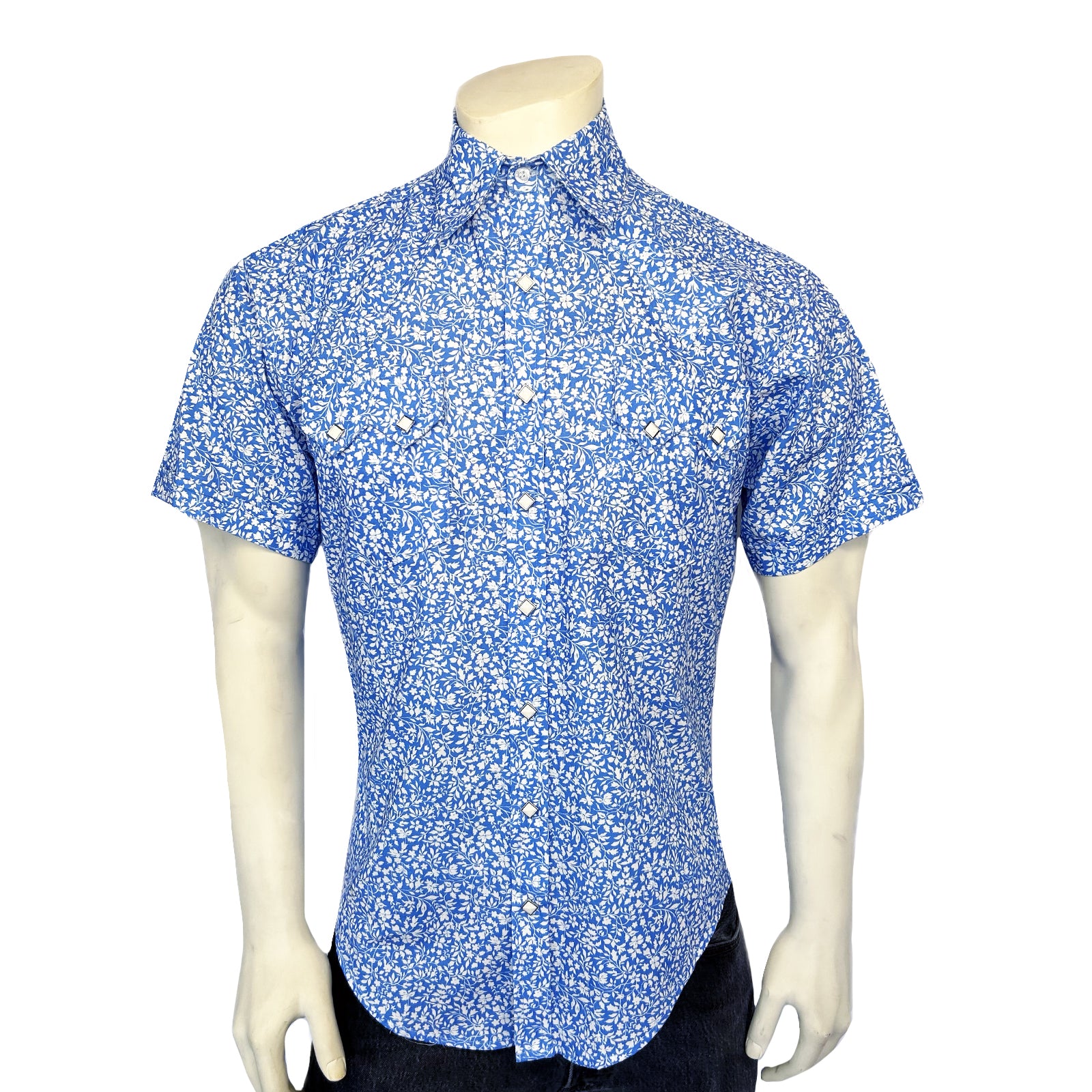 Men’s Short Sleeve Blue Floral Print Western Shirt-MesaThread