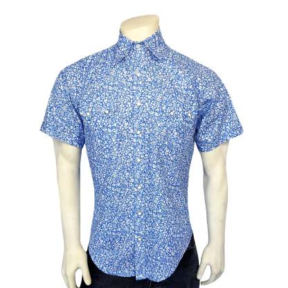 Men’s Short Sleeve Blue Floral Print Western Shirt-MesaThread