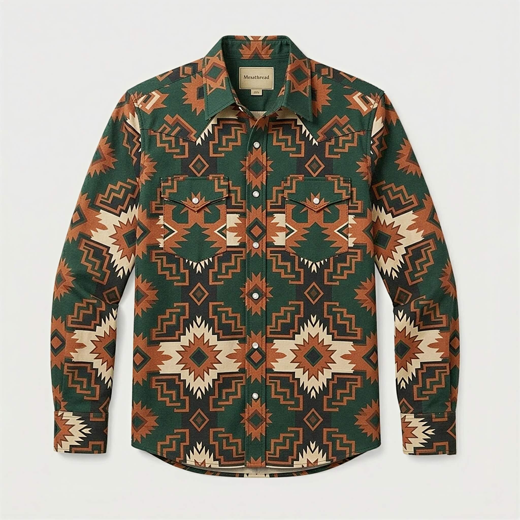 the-earthweave-tribe-mesathread-mens-aztec-geometric-green-western-shirt-front-view