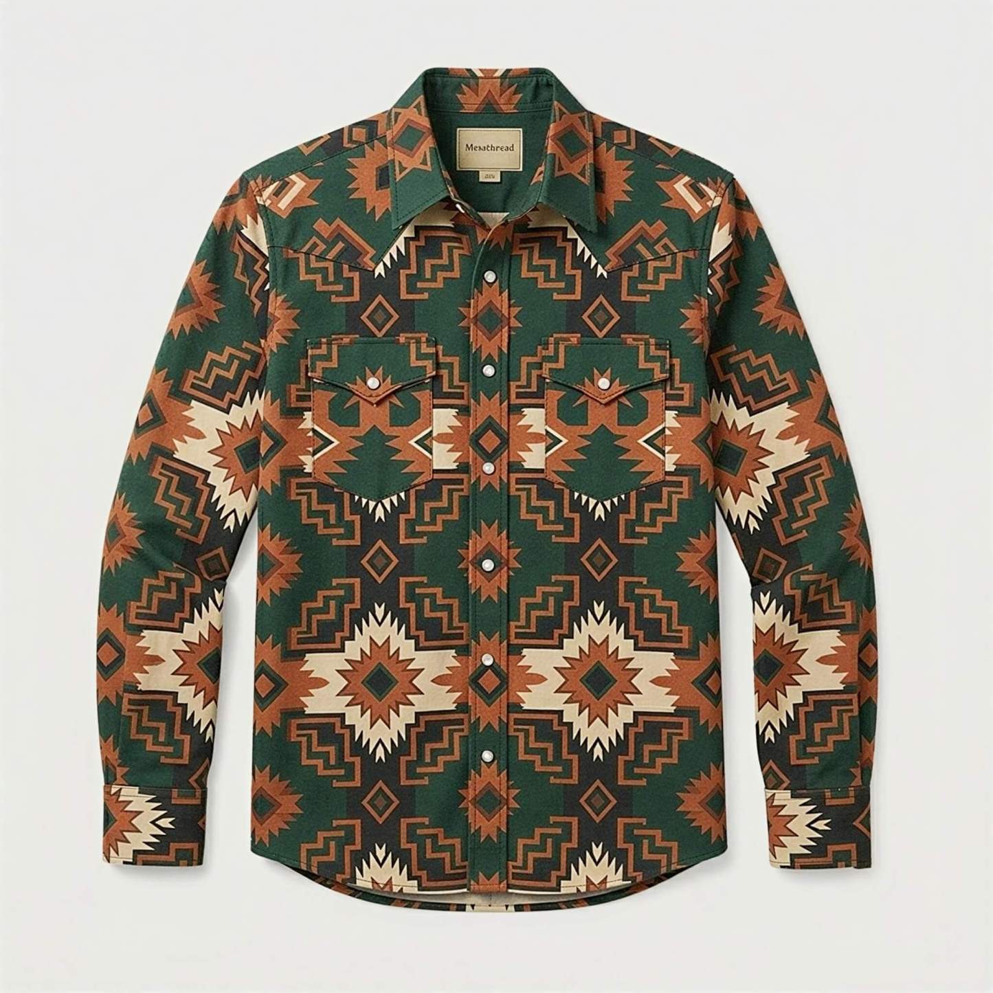 the-earthweave-tribe-mesathread-mens-aztec-geometric-green-western-shirt-front-view