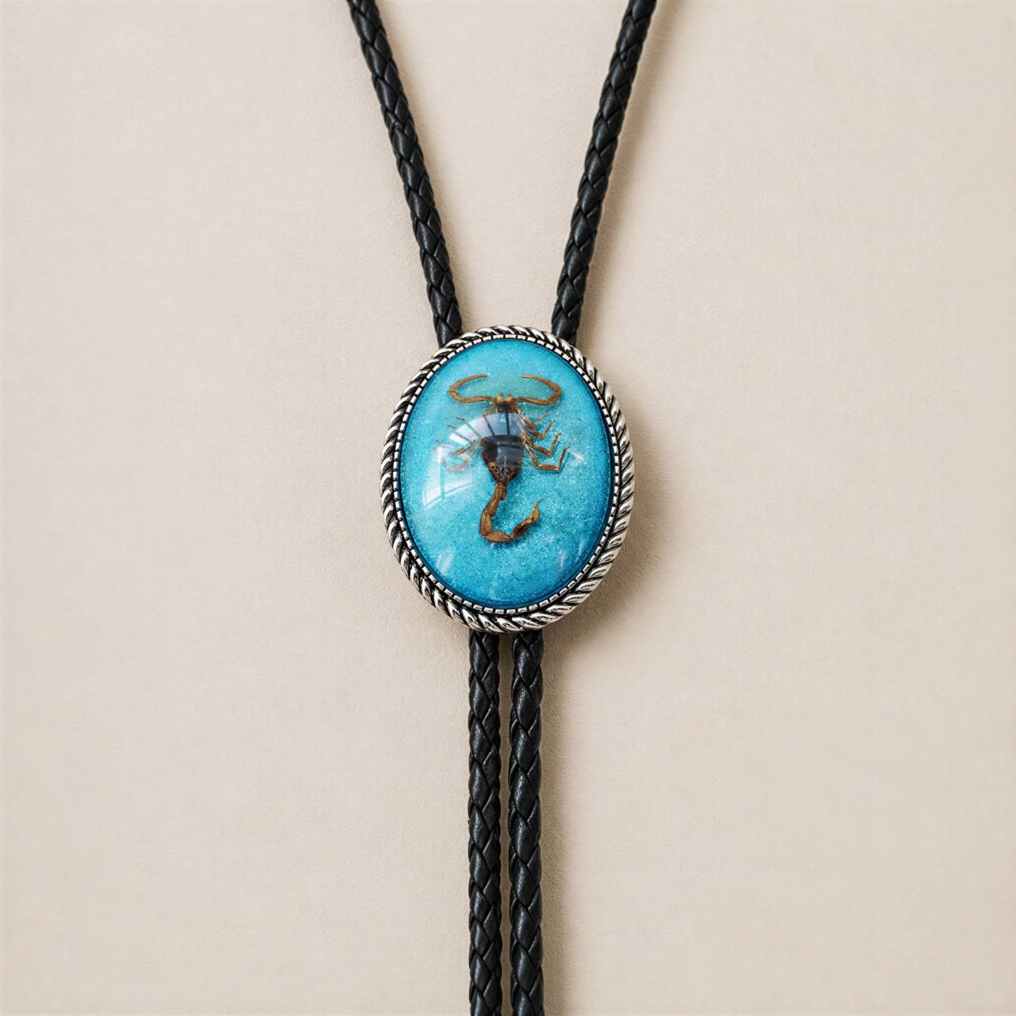 mesathread-real-scorpion-specimen-resin-oval-western-bolo-tie-turquoise-blue-black-braided-cord