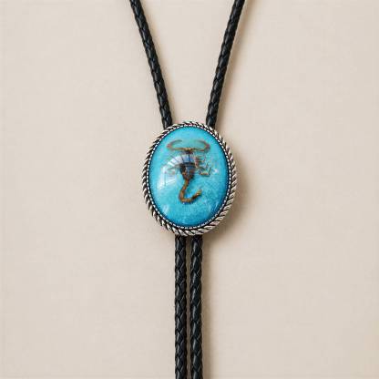 mesathread-real-scorpion-specimen-resin-oval-western-bolo-tie-turquoise-blue-black-braided-cord
