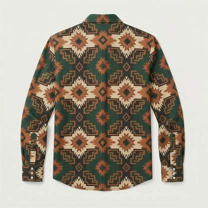 the-earthweave-tribe-mesathread-mens-aztec-geometric-green-western-shirt-back-view