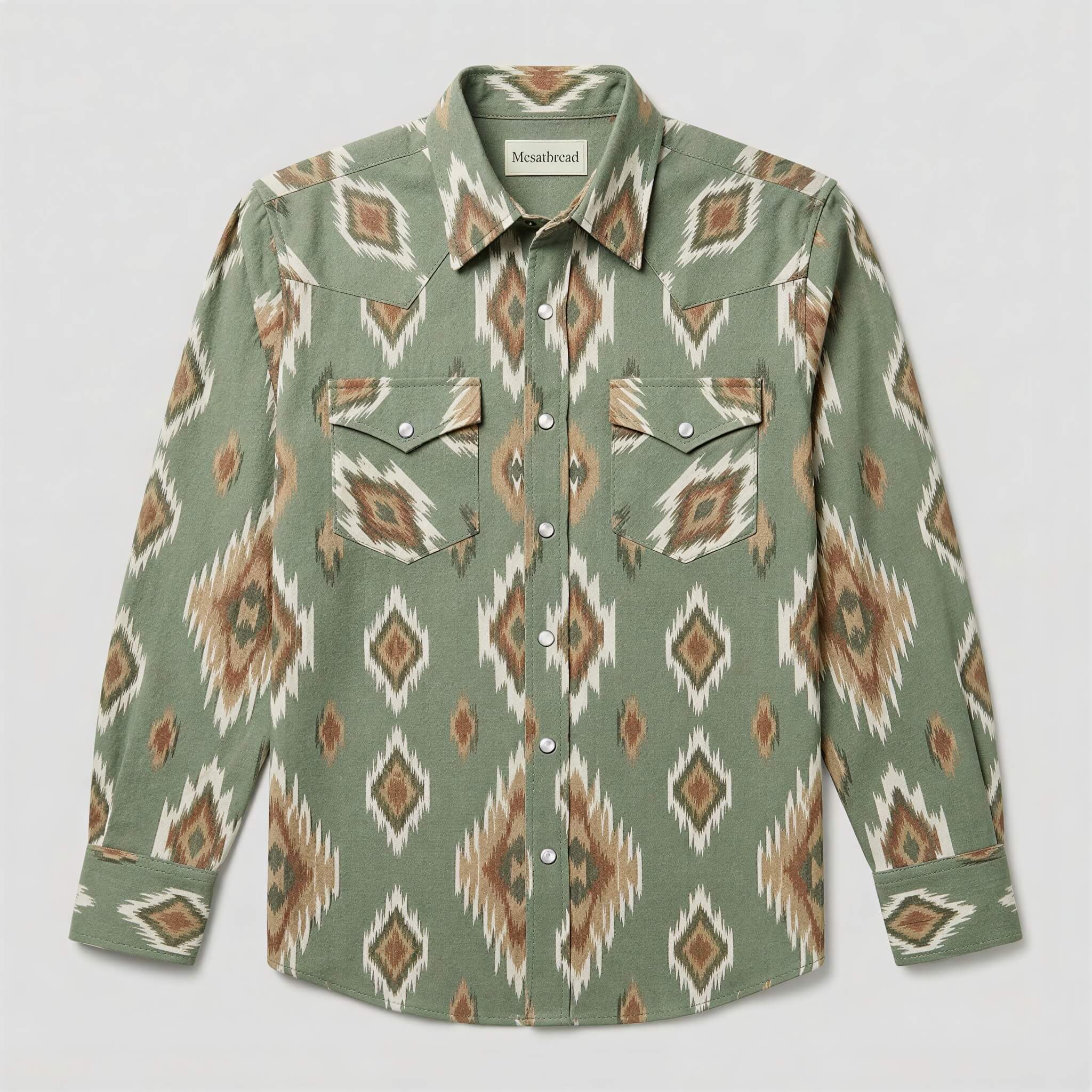 the-earthweave-tribe-mesathread-mens-sage-green-ikat-geometric-western-shirt-front-view
