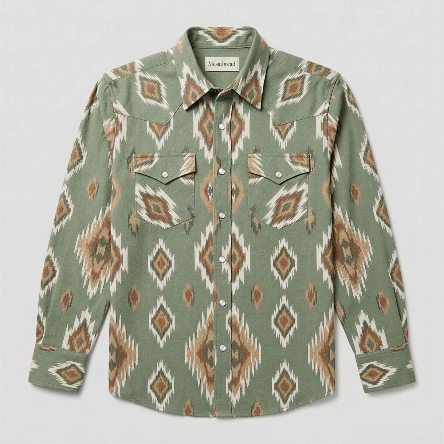 the-earthweave-tribe-mesathread-mens-sage-green-ikat-geometric-western-shirt-front-view