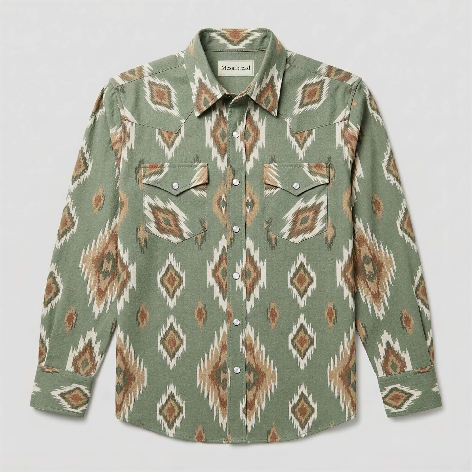 the-earthweave-tribe-mesathread-mens-sage-green-ikat-geometric-western-shirt-front-view