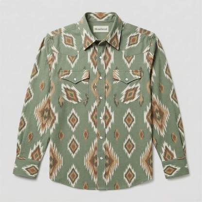 the-earthweave-tribe-mesathread-mens-sage-green-ikat-geometric-western-shirt-front-view