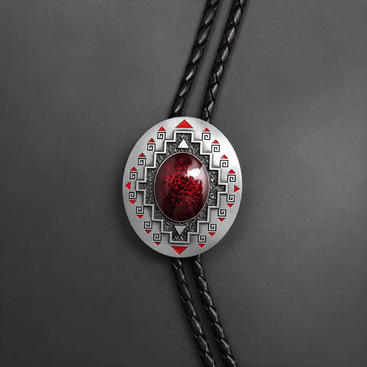 mesathread-southwestern-crimson-crackle-tribal-shield-western-bolo-tie-black-cord-front-view