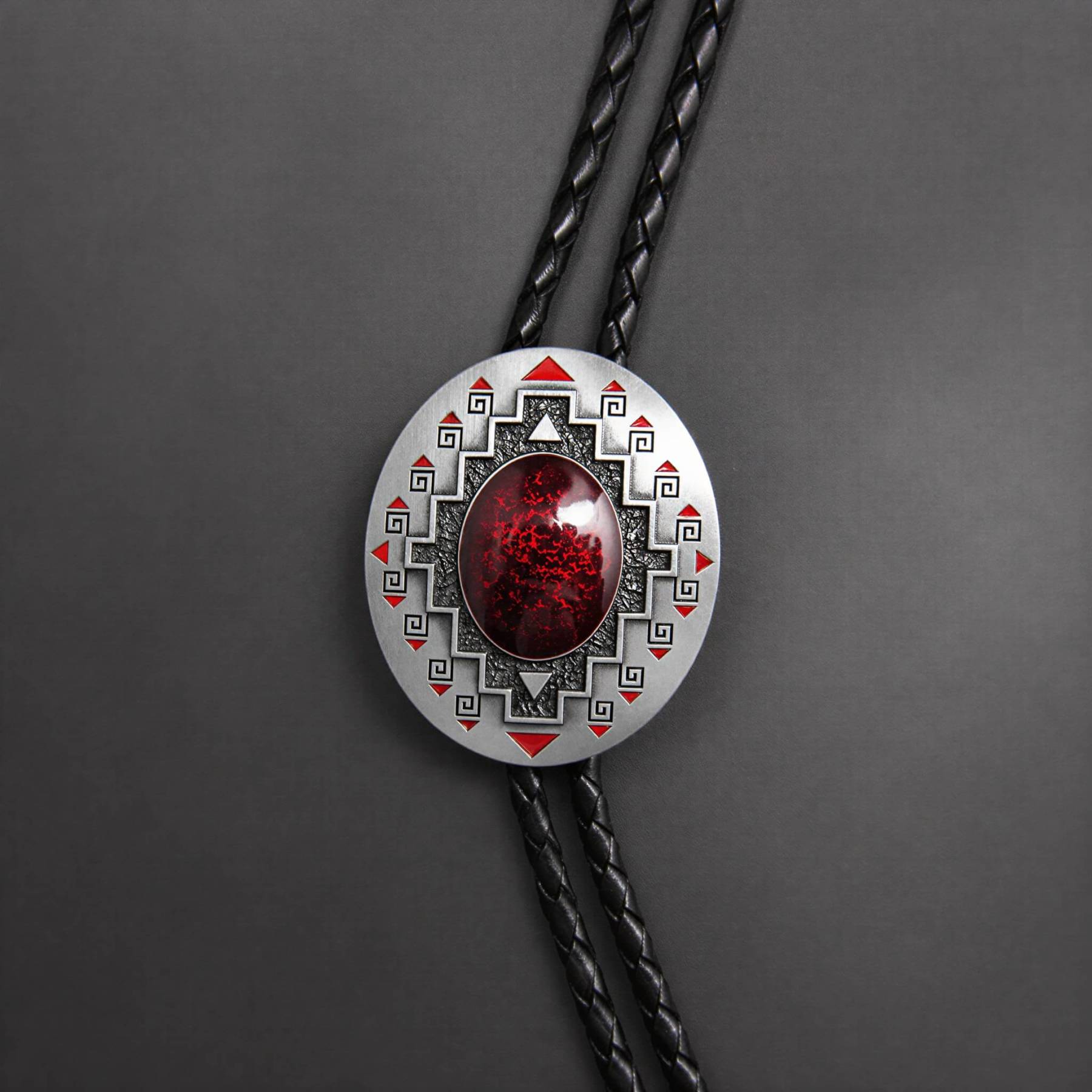mesathread-southwestern-crimson-crackle-tribal-shield-western-bolo-tie-black-cord-front-view