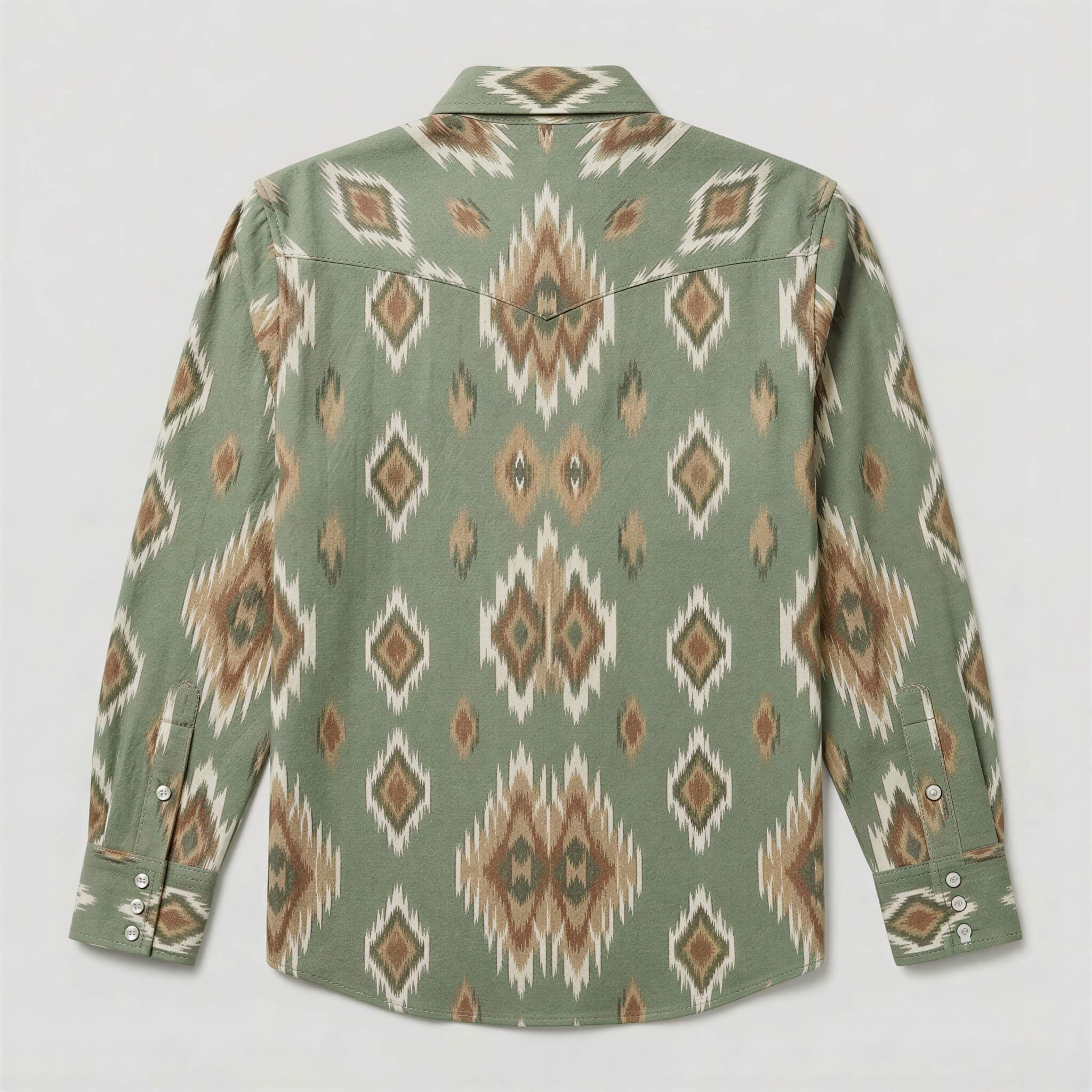 the-earthweave-tribe-mesathread-mens-sage-green-ikat-geometric-western-shirt-back-view