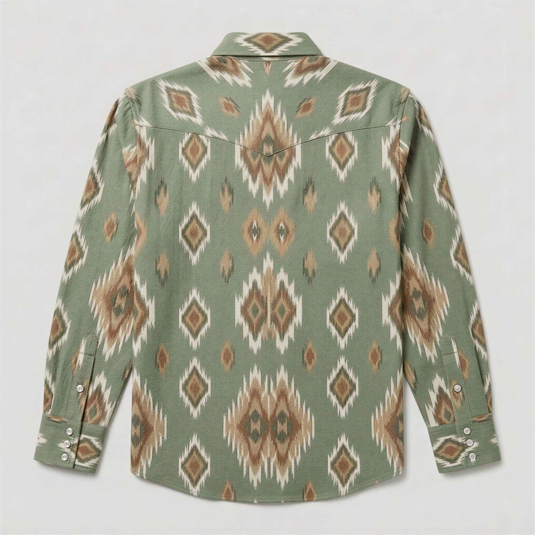 the-earthweave-tribe-mesathread-mens-sage-green-ikat-geometric-western-shirt-back-view