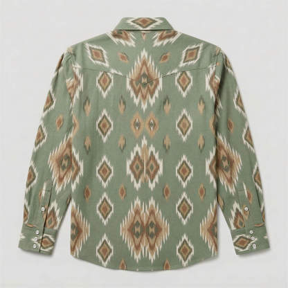 the-earthweave-tribe-mesathread-mens-sage-green-ikat-geometric-western-shirt-back-view