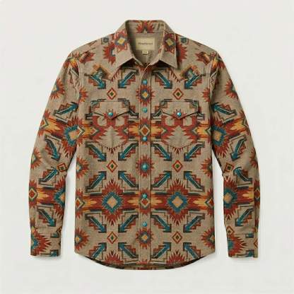 the-earthweave-tribe-mesathread-mens-southwestern-aztec-blanket-western-shirt-front-view