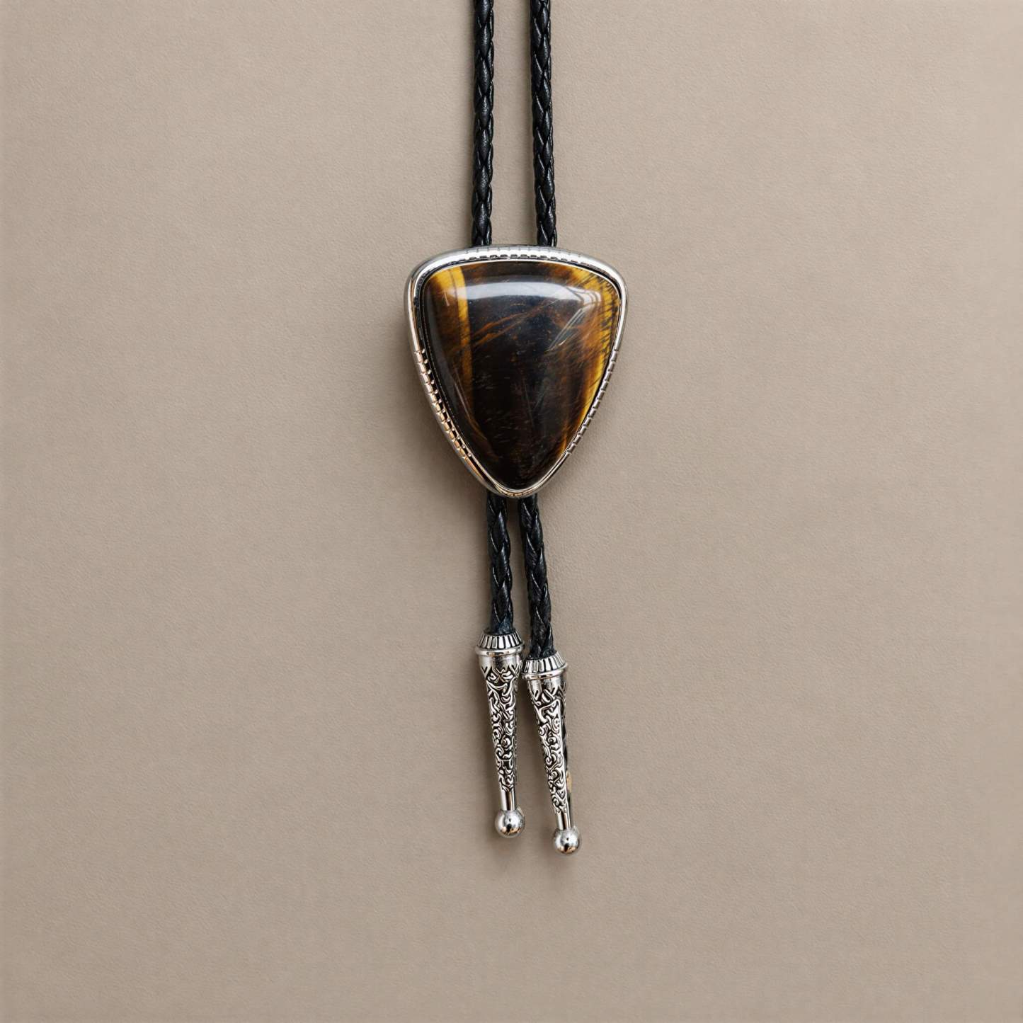 mesathread-triangular-tigers-eye-western-bolo-tie-black-braided-cord-front-view