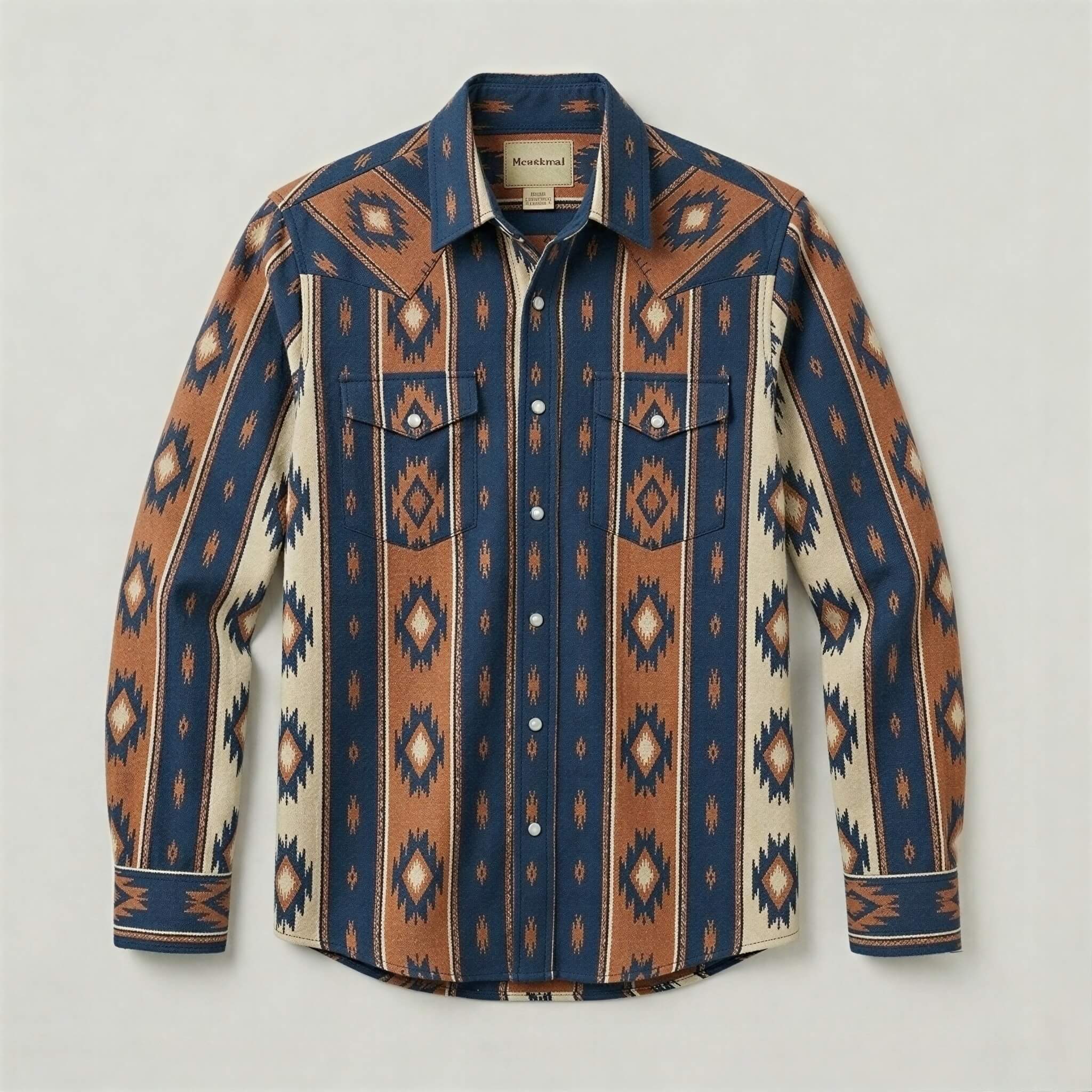 The Nomad Beacon | Mesathread Men's Navajo Indigo & Brown Western Shirt with White Pearl Snaps