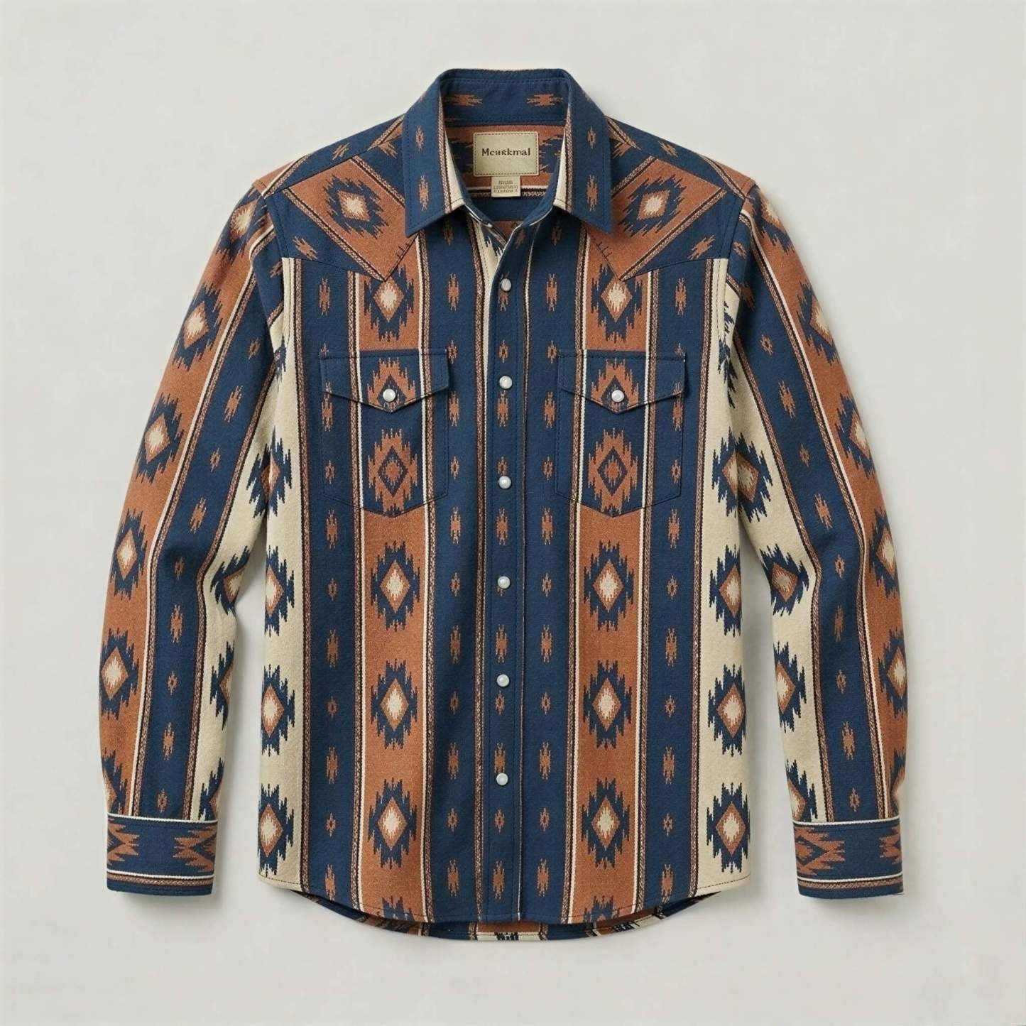 The Nomad Beacon | Mesathread Men's Navajo Indigo & Brown Western Shirt with White Pearl Snaps