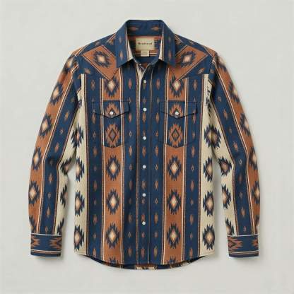 The Nomad Beacon | Mesathread Men's Navajo Indigo & Brown Western Shirt with White Pearl Snaps