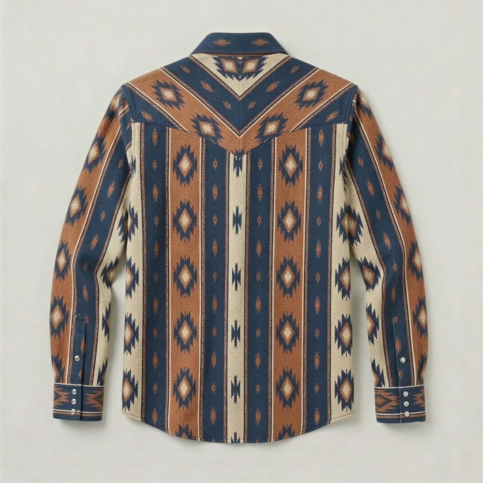 The Nomad Beacon | Mesathread Men's Navajo Indigo & Brown Western Shirt with White Pearl Snaps
