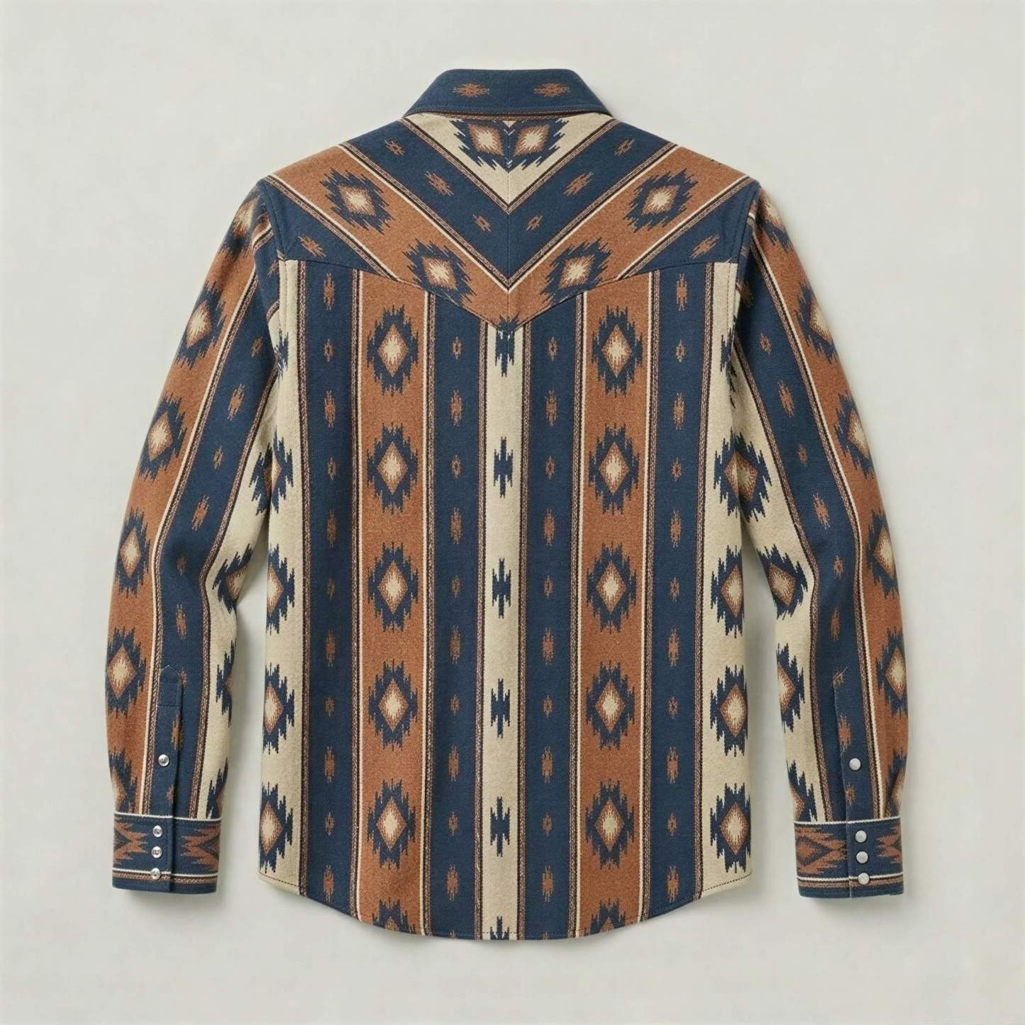 The Nomad Beacon | Mesathread Men's Navajo Indigo & Brown Western Shirt with White Pearl Snaps