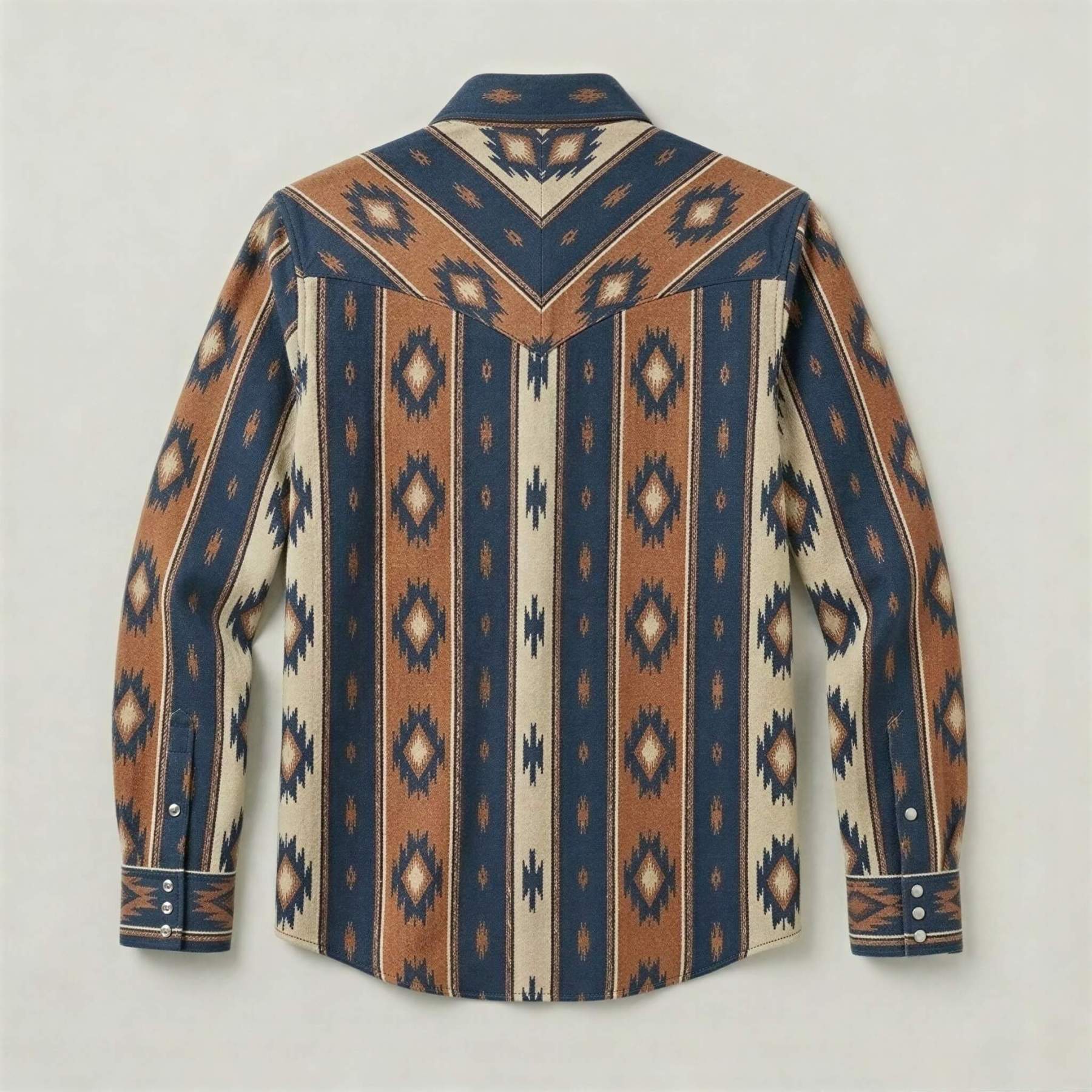 The Nomad Beacon | Mesathread Men's Navajo Indigo & Brown Western Shirt with White Pearl Snaps