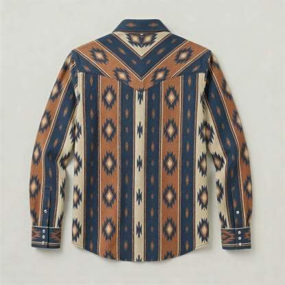 The Nomad Beacon | Mesathread Men's Navajo Indigo & Brown Western Shirt with White Pearl Snaps