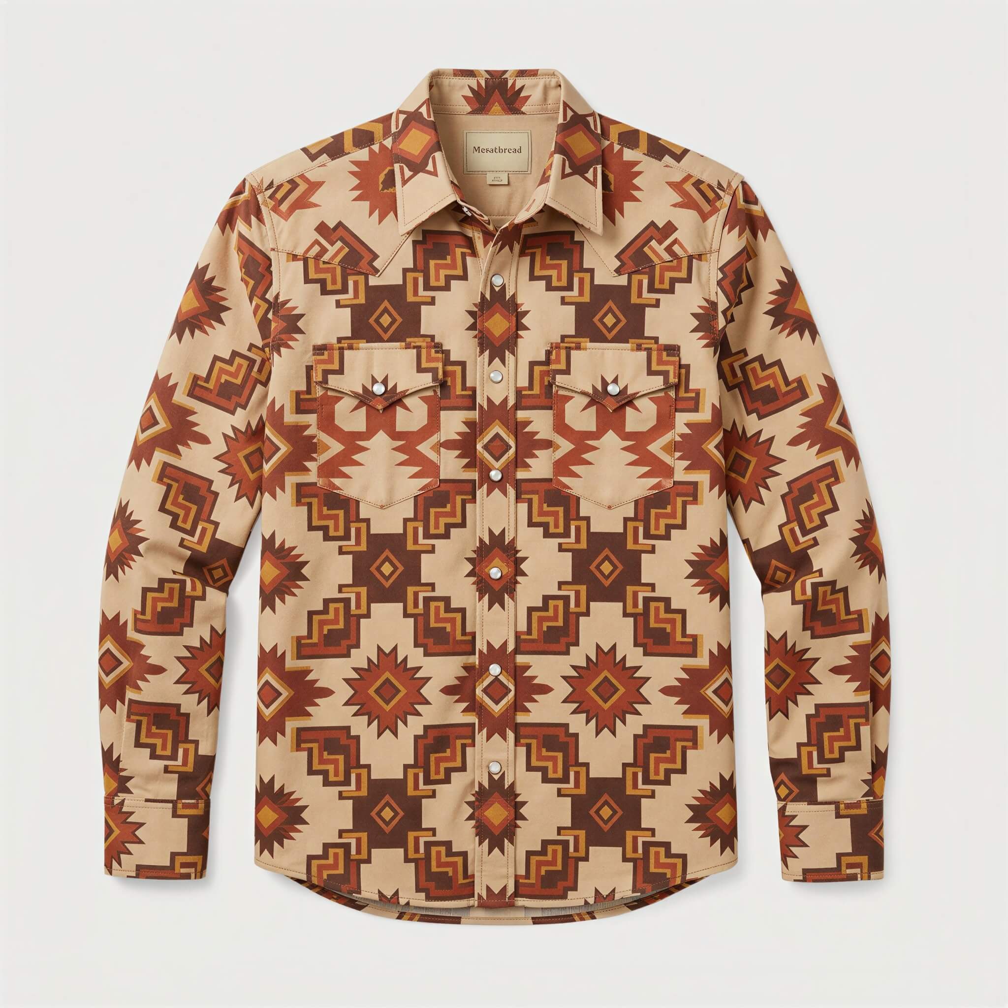the-earthweave-tribe-mesathread-mens-aztec-geometric-khaki-western-shirt-front-view