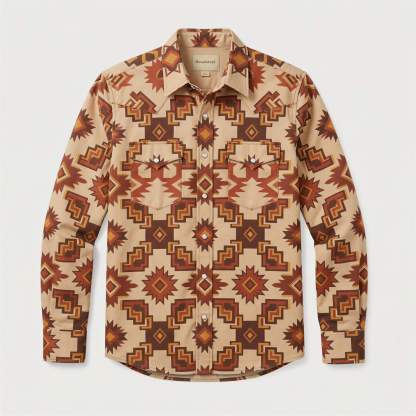 the-earthweave-tribe-mesathread-mens-aztec-geometric-khaki-western-shirt-front-view