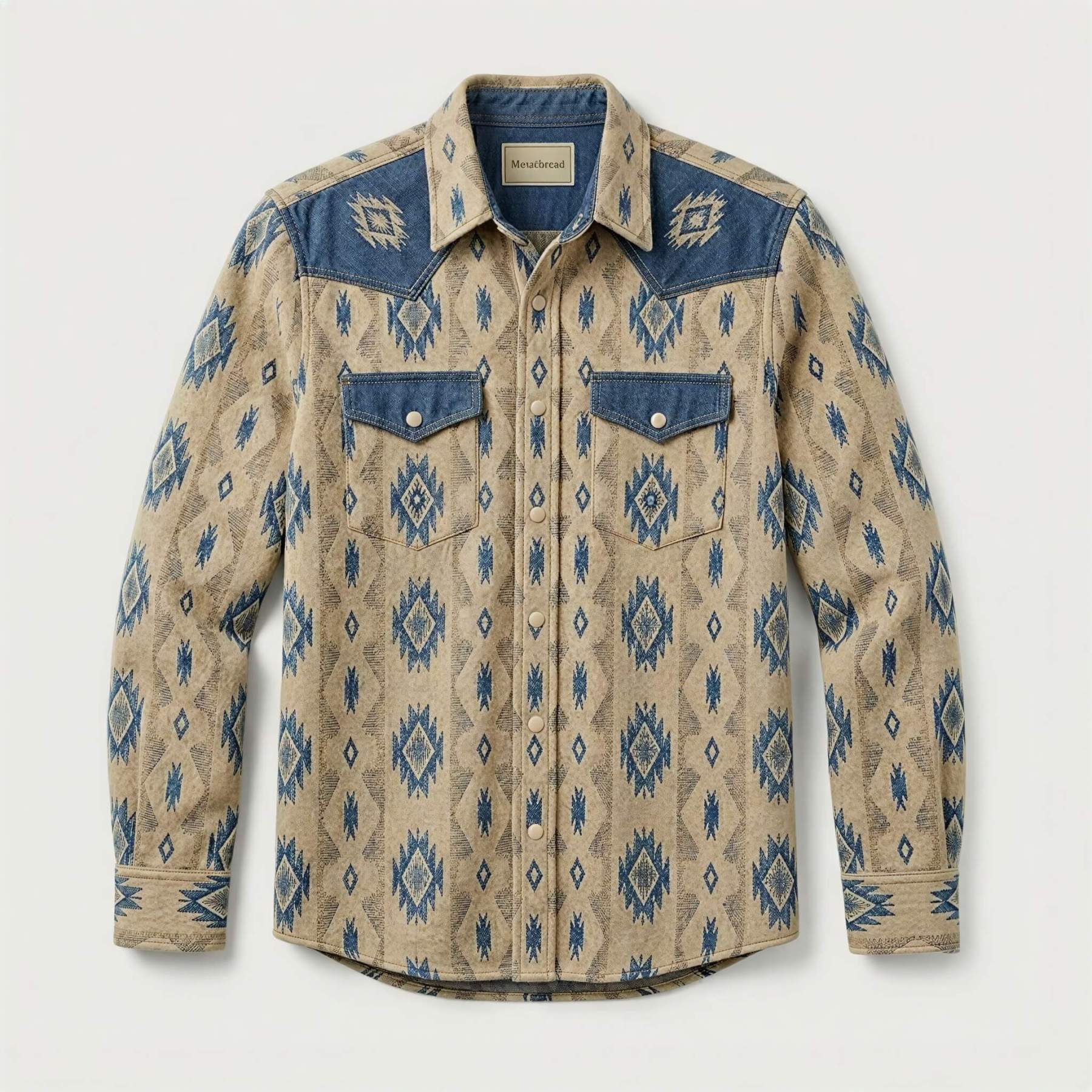 mesathread-pro-mens-southwestern-geometric-khaki-denim-western-shirt-front-view