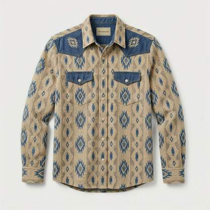 mesathread-pro-mens-southwestern-geometric-khaki-denim-western-shirt-front-view