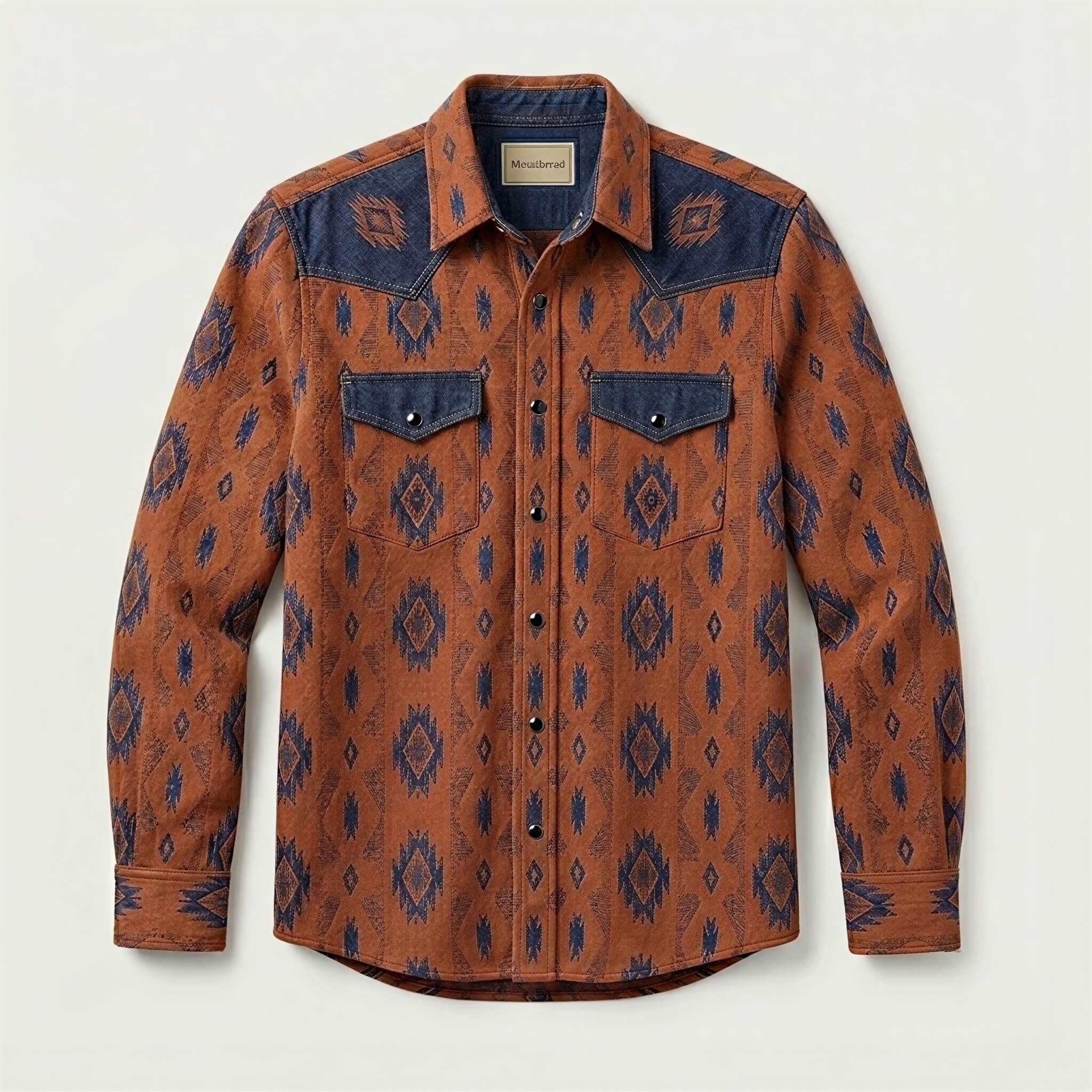 mesathread-pro-mens-southwestern-geometric-terracotta-denim-western-shirt-front-view