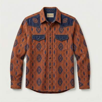 mesathread-pro-mens-southwestern-geometric-terracotta-denim-western-shirt-front-view