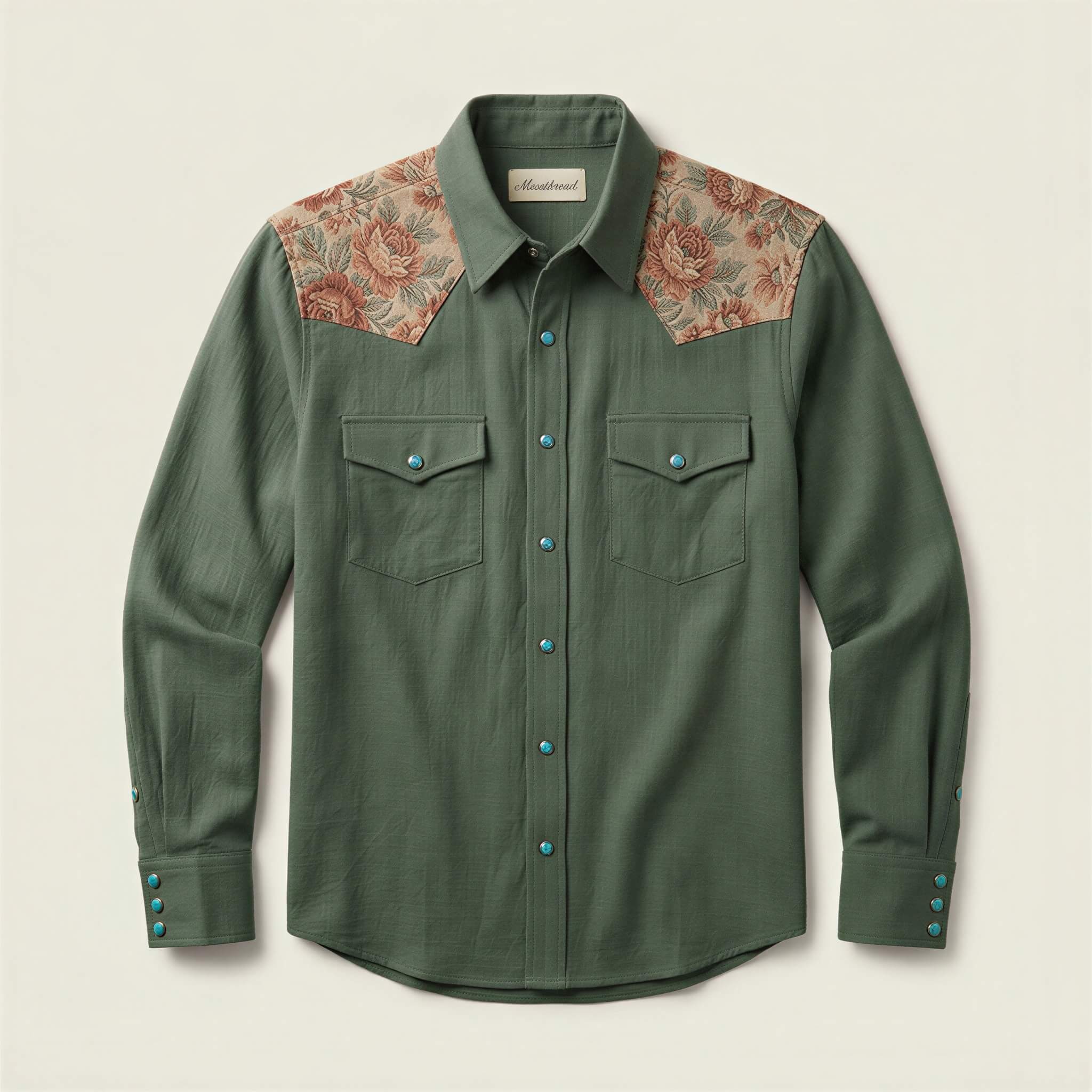 mesathread-pro-mens-floral-tapestry-olive-green-western-shirt-front-view