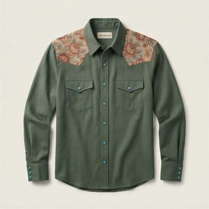 mesathread-pro-mens-floral-tapestry-olive-green-western-shirt-front-view
