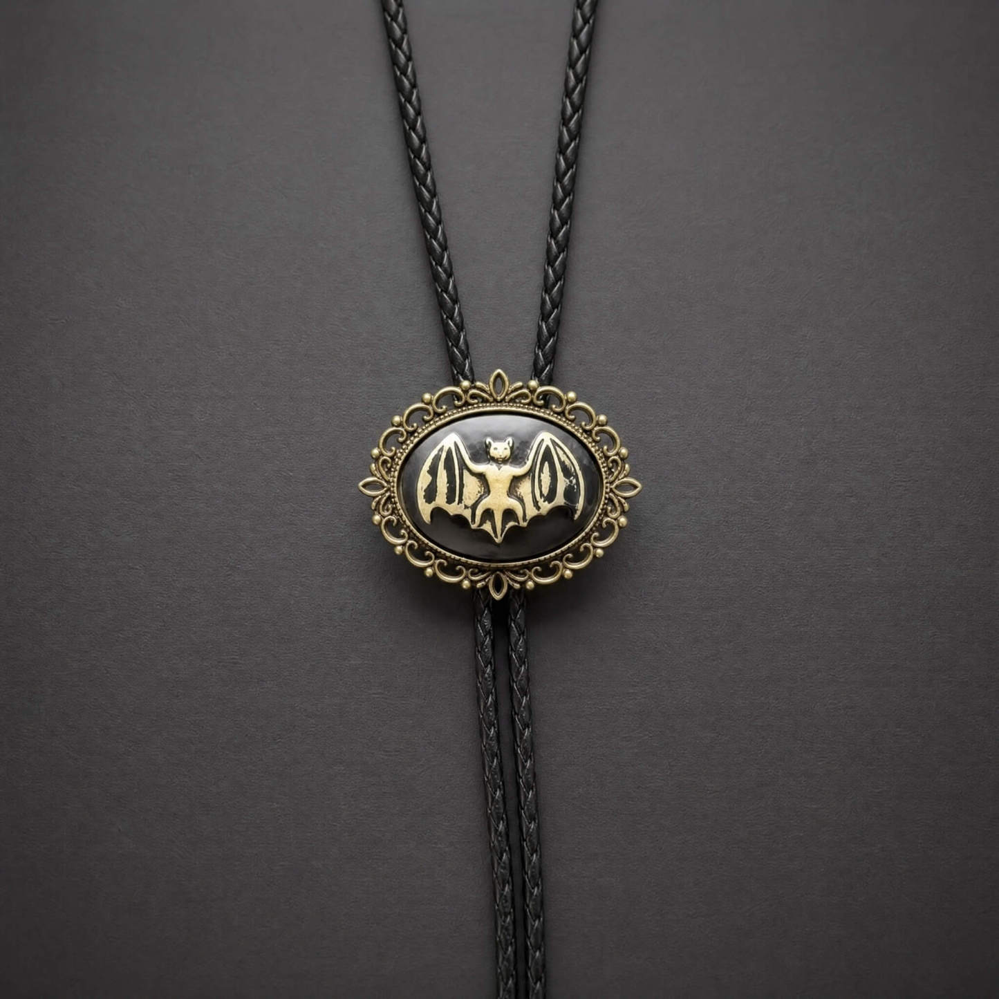 curiocraft-victorian-filigree-cameo-bat-western-bolo-tie-ornament-slide-front-view