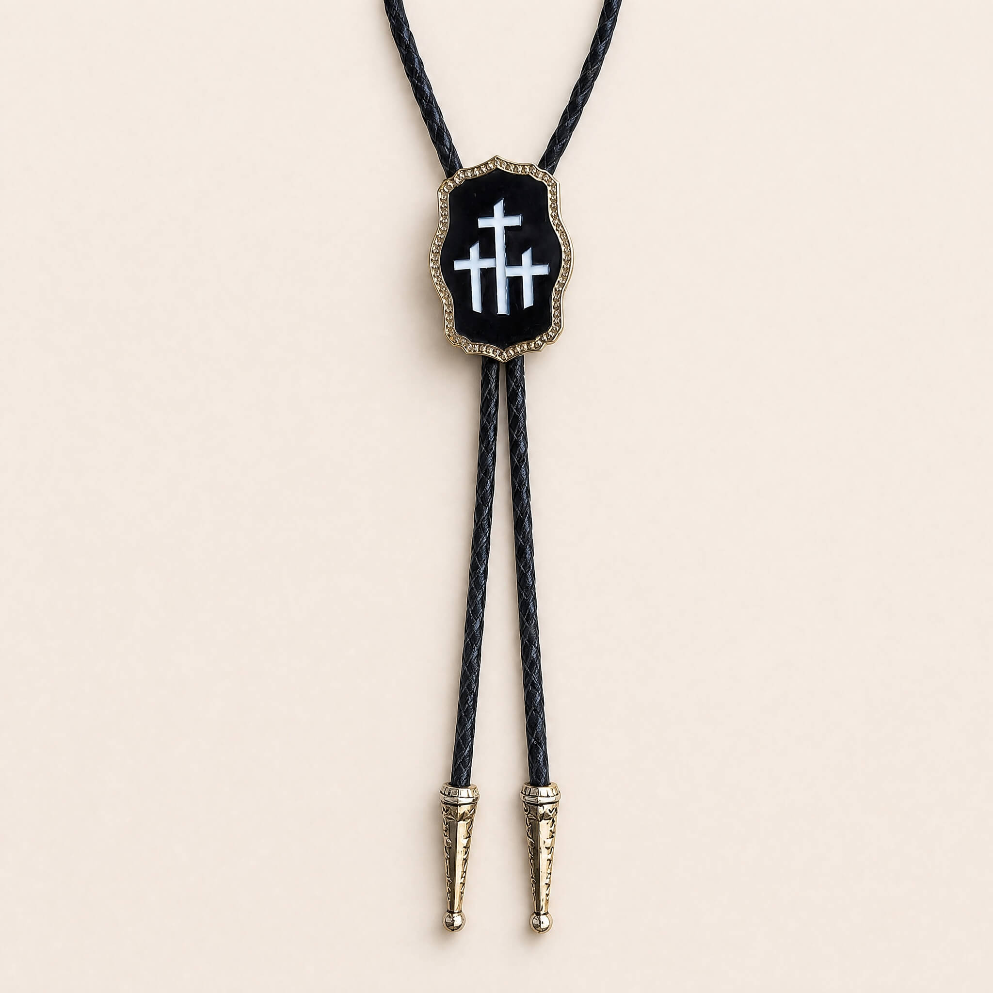curiocraft-triple-calvary-cross-black-inlay-gold-tone-western-bolo-tie-ornament-slide-front-view