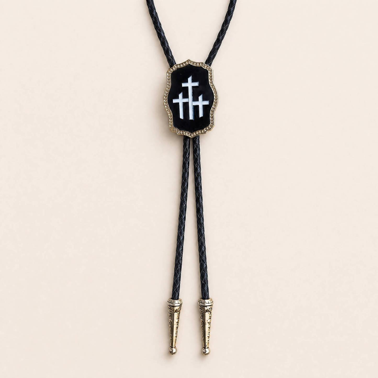 curiocraft-triple-calvary-cross-black-inlay-gold-tone-western-bolo-tie-ornament-slide-front-view
