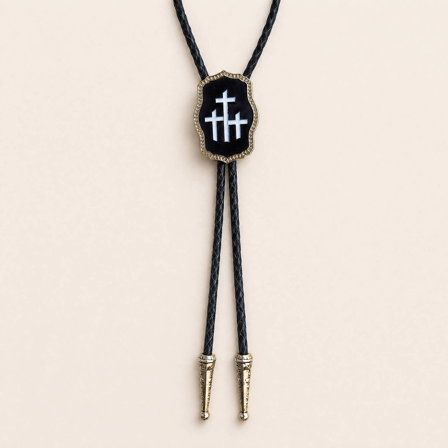 curiocraft-triple-calvary-cross-black-inlay-gold-tone-western-bolo-tie-ornament-slide-front-view