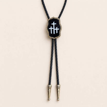 curiocraft-triple-calvary-cross-black-inlay-gold-tone-western-bolo-tie-ornament-slide-front-view