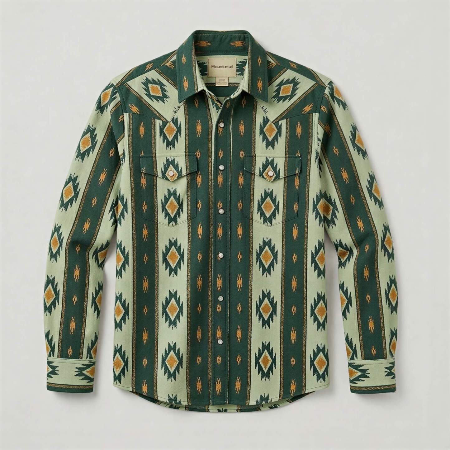 The Nomad Beacon | Mesathread Men's Navajo Sage Green Western Shirt with White Pearl Snaps