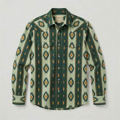 The Nomad Beacon | Mesathread Men's Navajo Sage Green Western Shirt with White Pearl Snaps