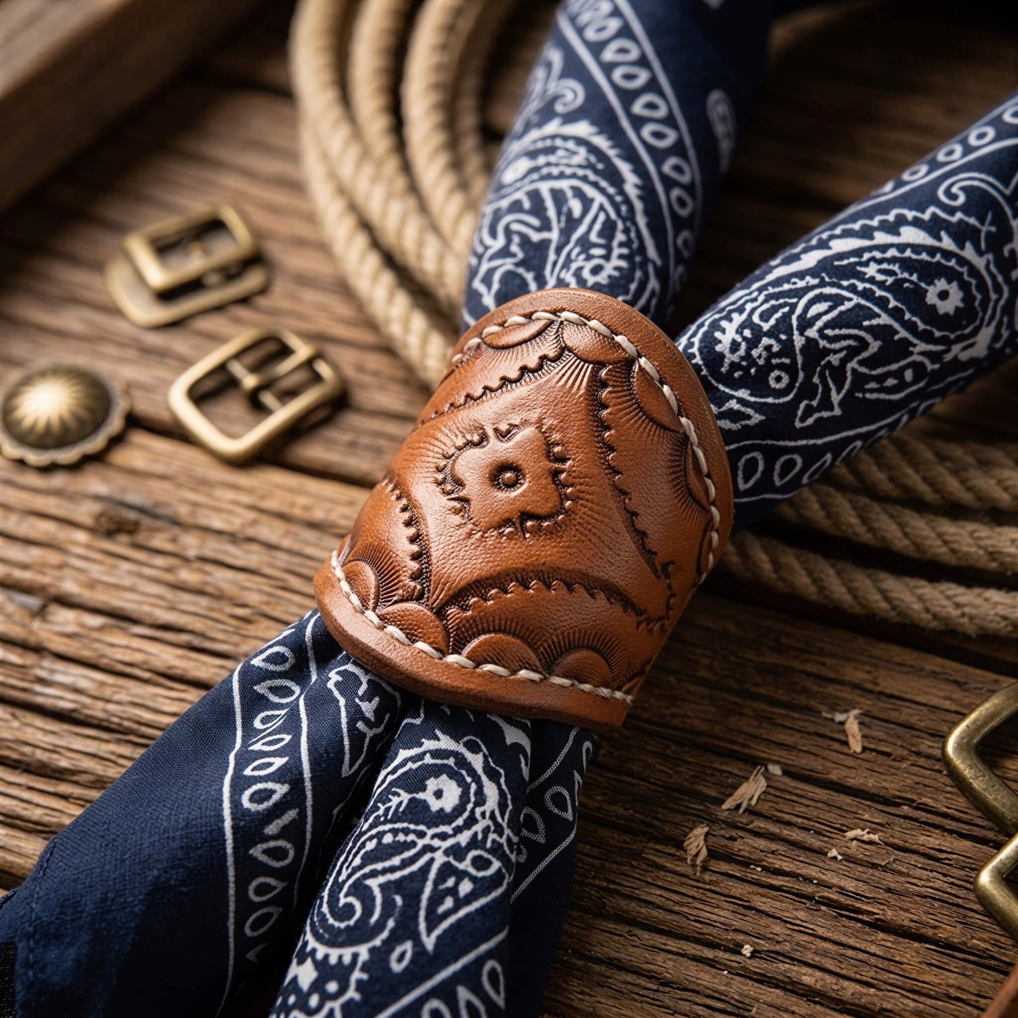 Mesathread Frontier Heritage | Western Tooled Genuine Leather Wild Rag Slide Scarf Ring