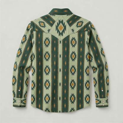 The Nomad Beacon | Mesathread Men's Navajo Sage Green Western Shirt with White Pearl Snaps