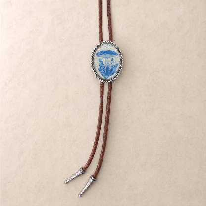 curiocraft-vintage-blue-forest-mushroom-oval-western-bolo-tie-ornament-slide-front-view