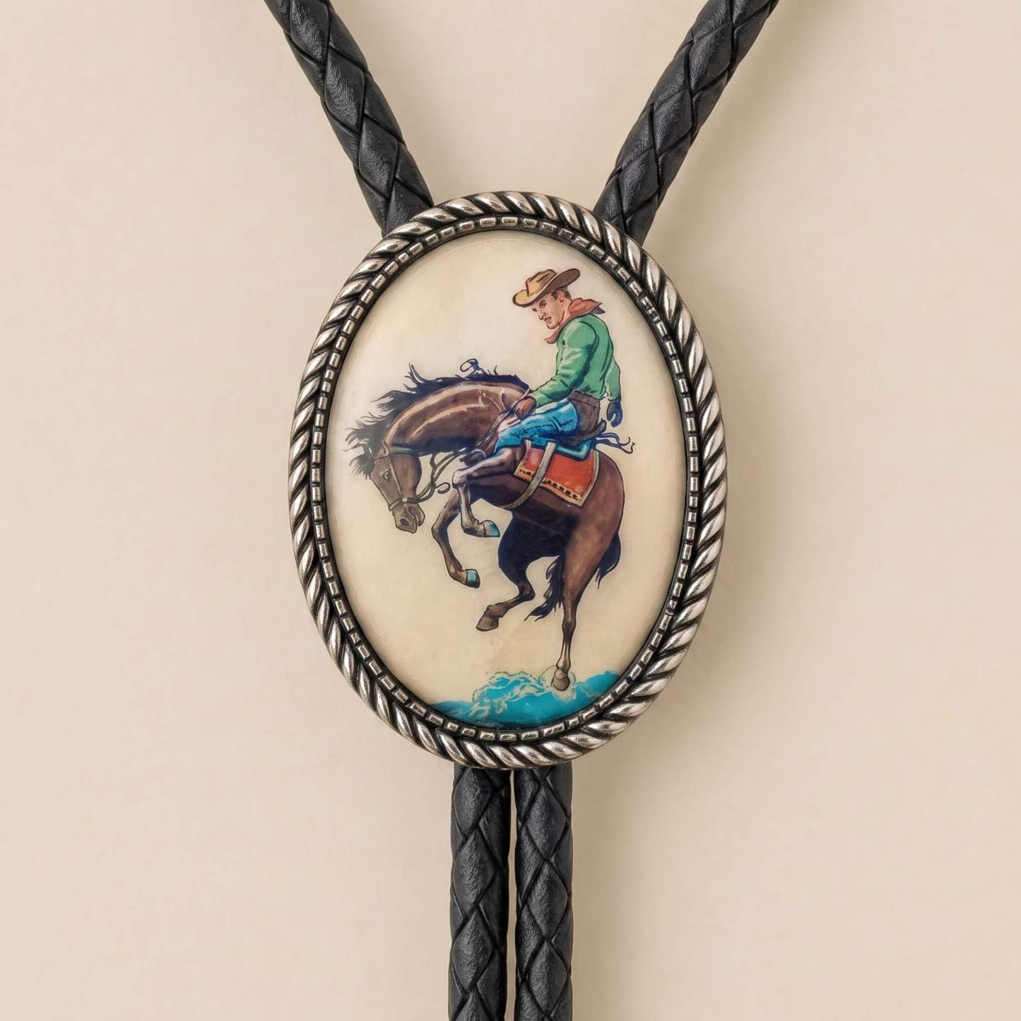 frontiercraft-vintage-bronc-rider-cowboy-oval-western-bolo-tie-ornament-slide-front-view