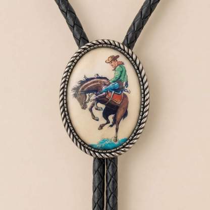 frontiercraft-vintage-bronc-rider-cowboy-oval-western-bolo-tie-ornament-slide-front-view