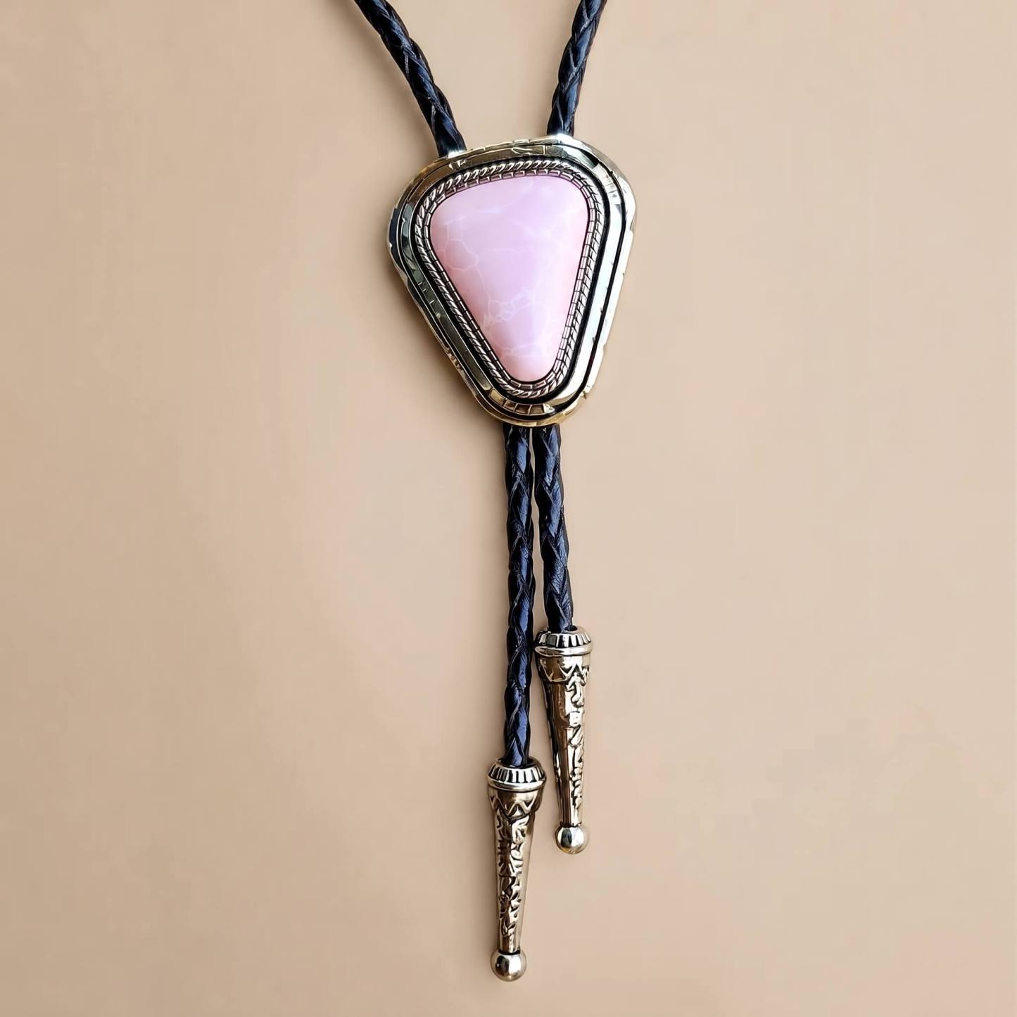 sierracrest-triangular-pastel-pink-stone-pattern-gold-tone-western-bolo-tie-ornament-slide-front-view