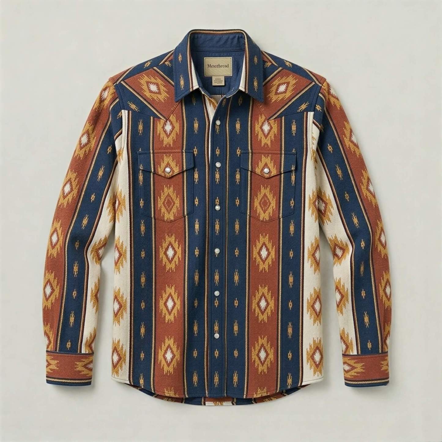 The Nomad Beacon | Mesathread Men's Navajo Terracotta & Indigo Western Shirt with White Pearl Snaps