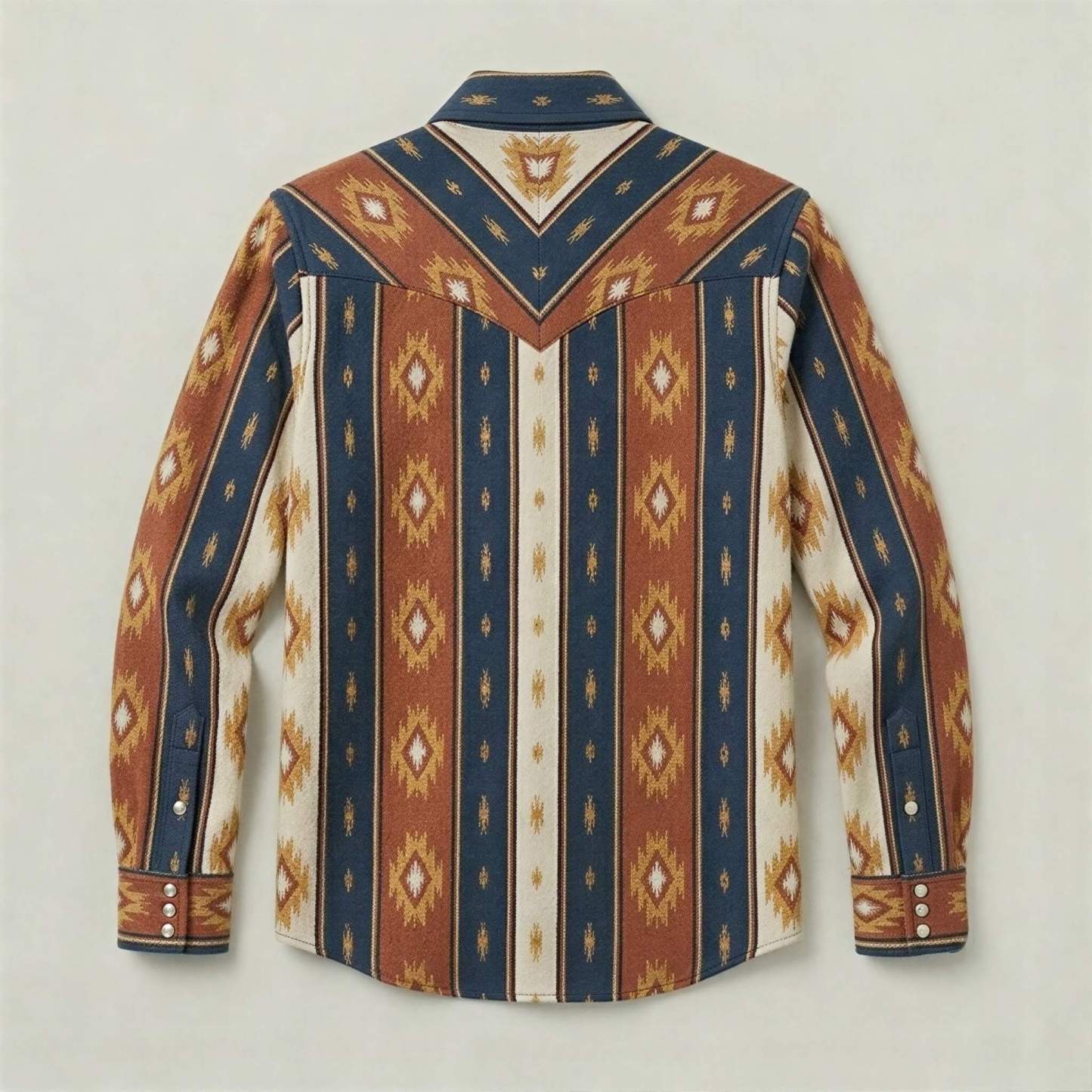 The Nomad Beacon | Mesathread Men's Navajo Terracotta & Indigo Western Shirt with White Pearl Snaps
