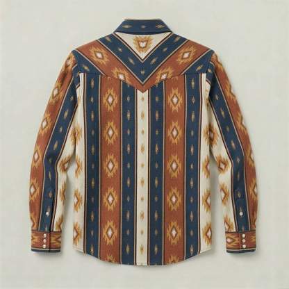 The Nomad Beacon | Mesathread Men's Navajo Terracotta & Indigo Western Shirt with White Pearl Snaps