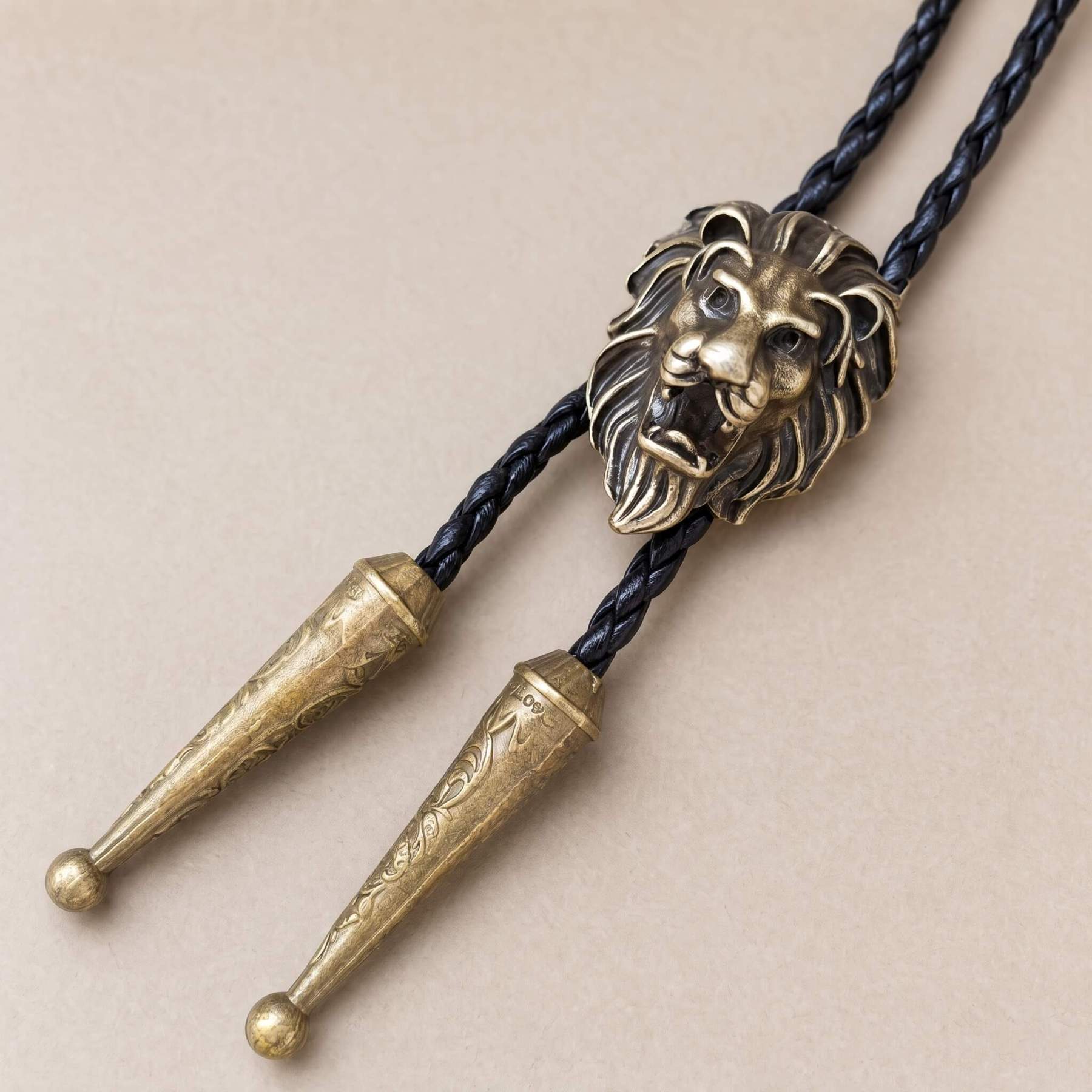 curiocraft-sculpted-roaring-lion-head-antique-brass-tone-western-bolo-tie-ornament-slide-front-view